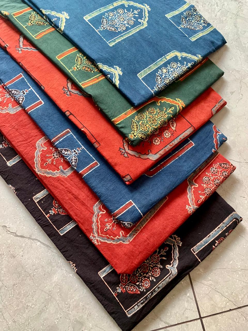 Ajrakh pure cotton handblock printed fabric with multicolour floral handblock design