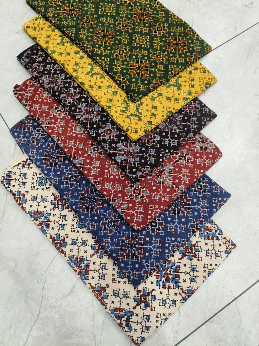 Geometrical multi-color Ajrakh handblock printed cotton fabric wholesale, natural-dyed craft by Fabtexs.