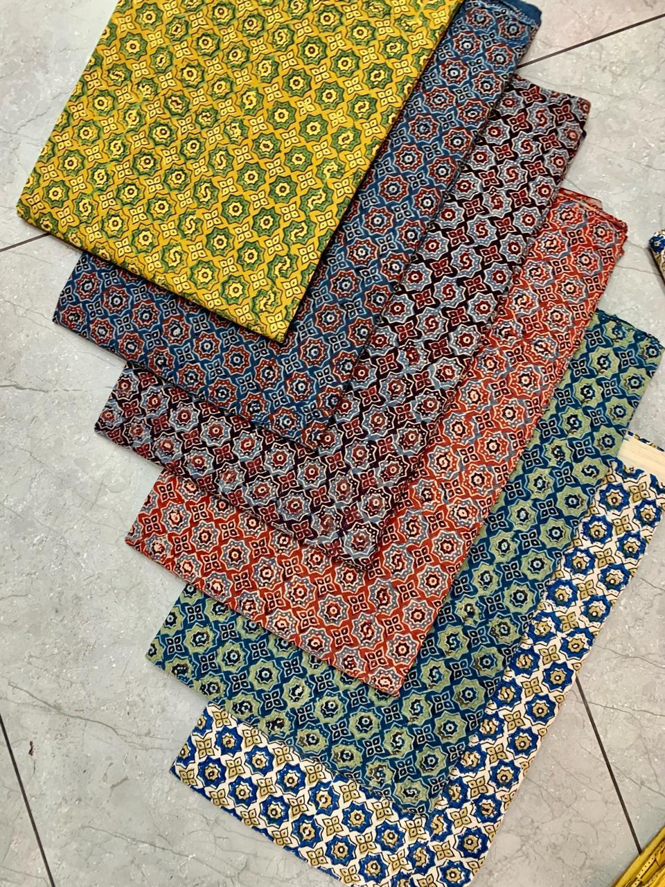 Ajrakh pure cotton handblock printed fabric in indigo with multicolour geometric pattern	