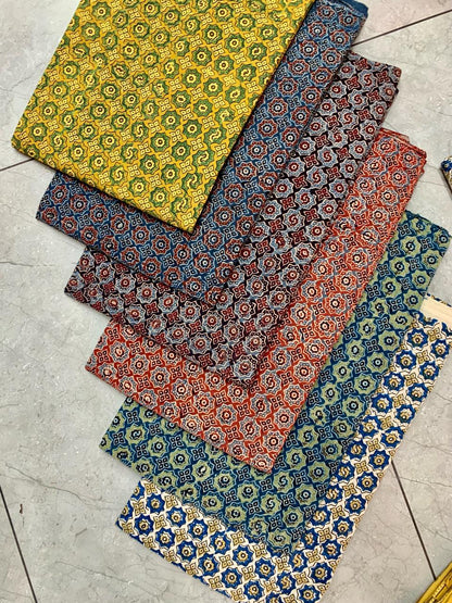 Ajrakh pure cotton handblock printed fabric in indigo with multicolour geometric pattern	