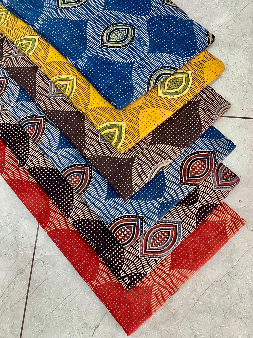 Ajrakh pure cotton handblock printed fabric in indigo with multicolour geometric pattern	