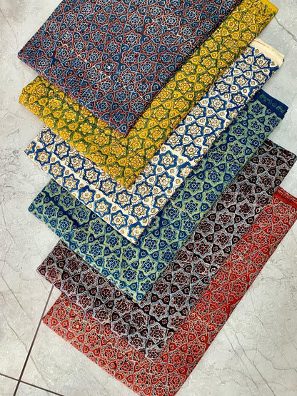 Ajrakh pure cotton handblock printed fabric in indigo stripes with multicolour detailing