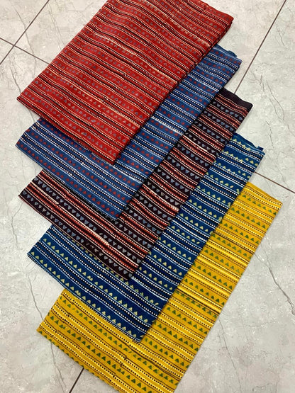 Ajrakh pure cotton handblock printed fabric in indigo stripes with multicolour detailing