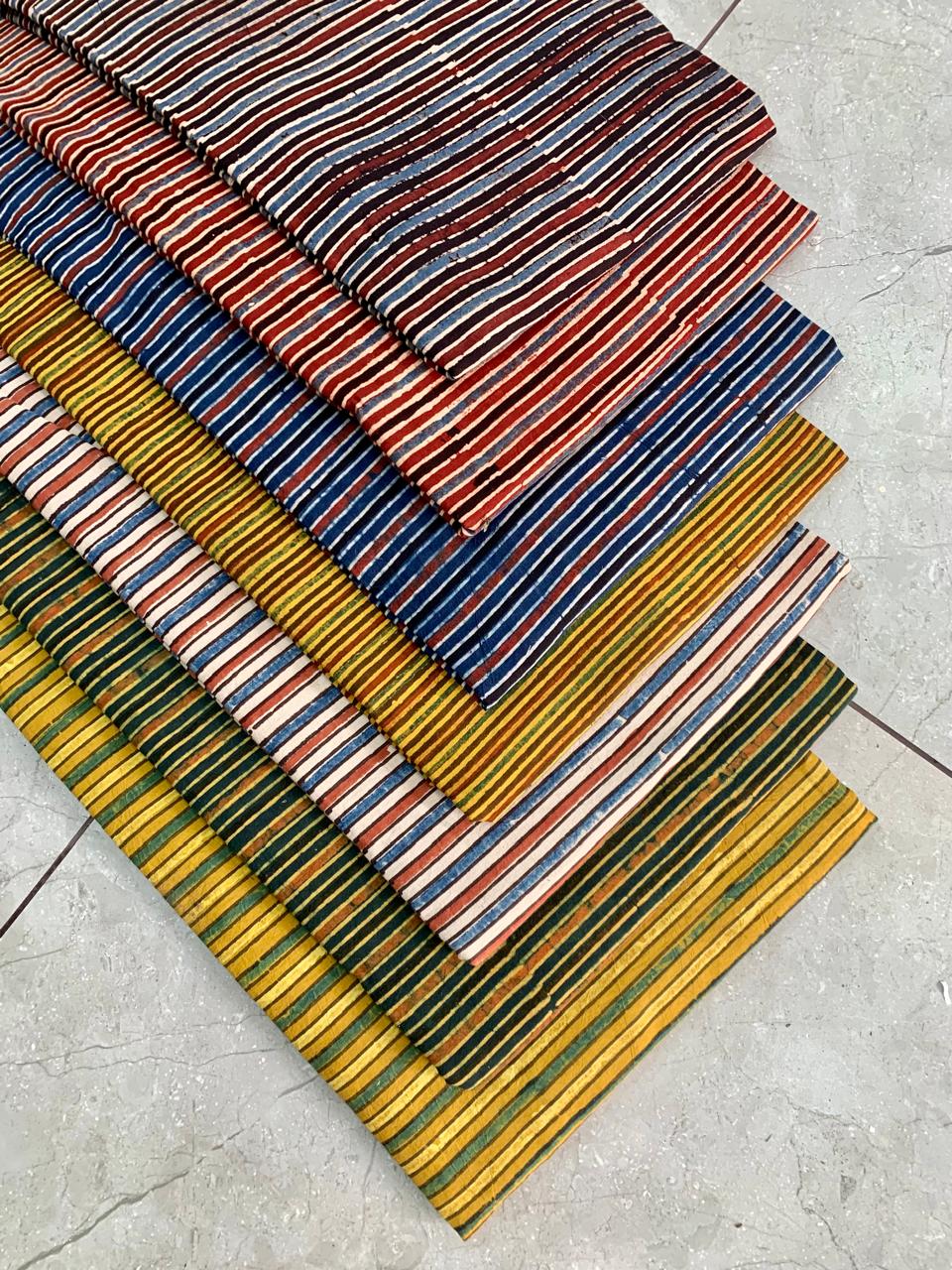 Ajrakh pure cotton handblock printed fabric combining jaal and stripe patterns in traditional colours