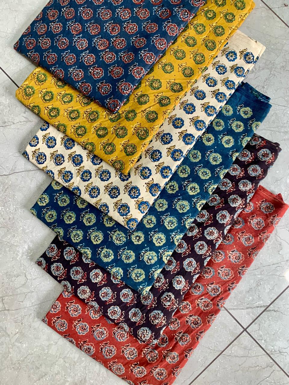 Ajrakh pure cotton handblock printed fabric in mustard base with multicolour butti motifs