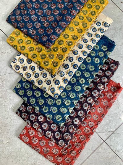 Ajrakh pure cotton handblock printed fabric in mustard base with multicolour butti motifs