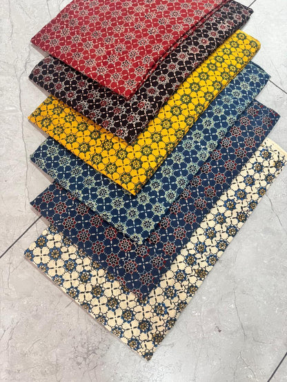 Multi-mustard Ajrakh pure cotton fabric with artisans’ geometric prints, crafted for wholesale collections at Fabtexs.