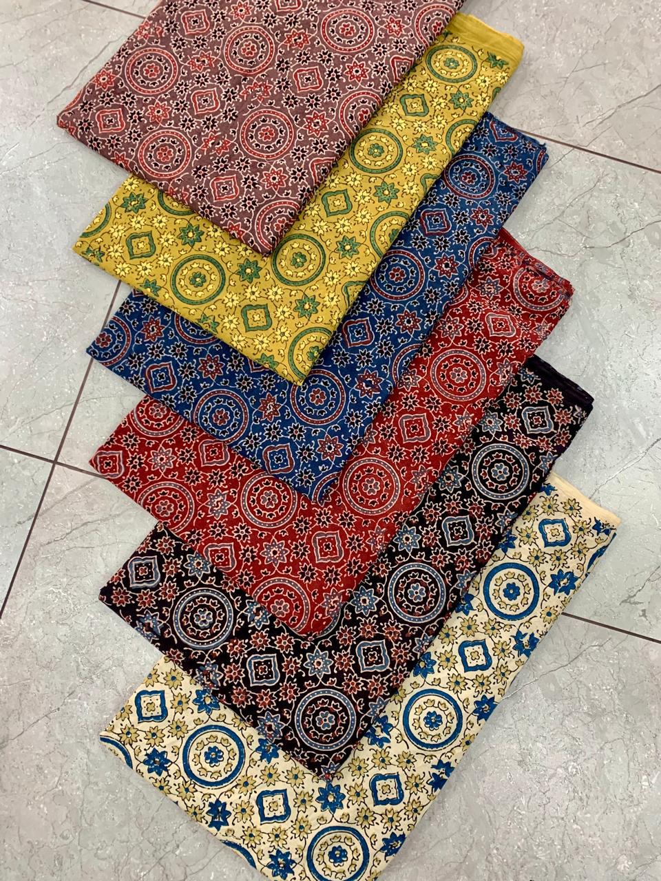 Ajrakh pure cotton handblock printed fabric in mustard tones with multicolour traditional designs