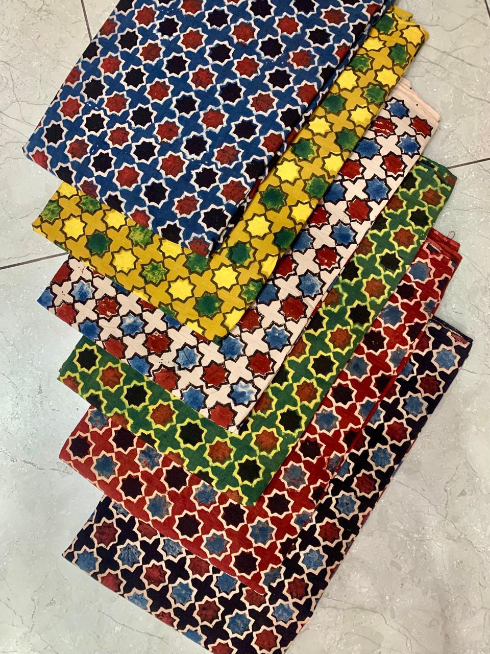 Multi Star Pattern Ajrakh Handblock Printed Pure Cotton Wholesale Fabric – Natural Dye Craft by Fabtexs