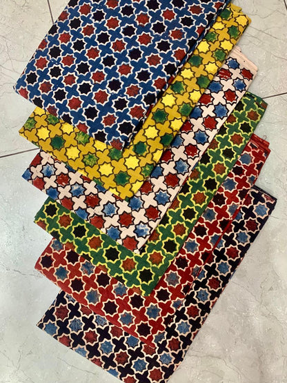 Multi Star Pattern Ajrakh Handblock Printed Pure Cotton Wholesale Fabric – Natural Dye Craft by Fabtexs