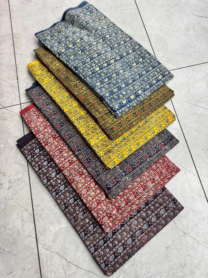 Multi-stripes Ajrakh handblock printed pure cotton fabric wholesale – artisan-made traditional design by Fabtexs.