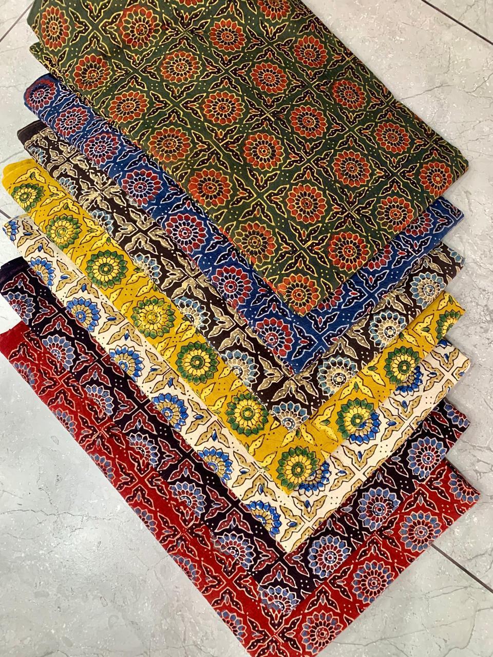 Traditional Ajrakh multi-colour handblock printed cotton fabric wholesale for boutiques and designers by Fabtexs.