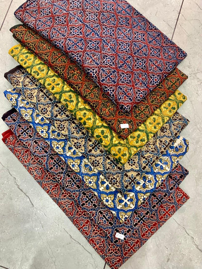 Natural colour Ajrakh handblock printed pure cotton wholesale fabric using eco-friendly dyes by Fabtexs.