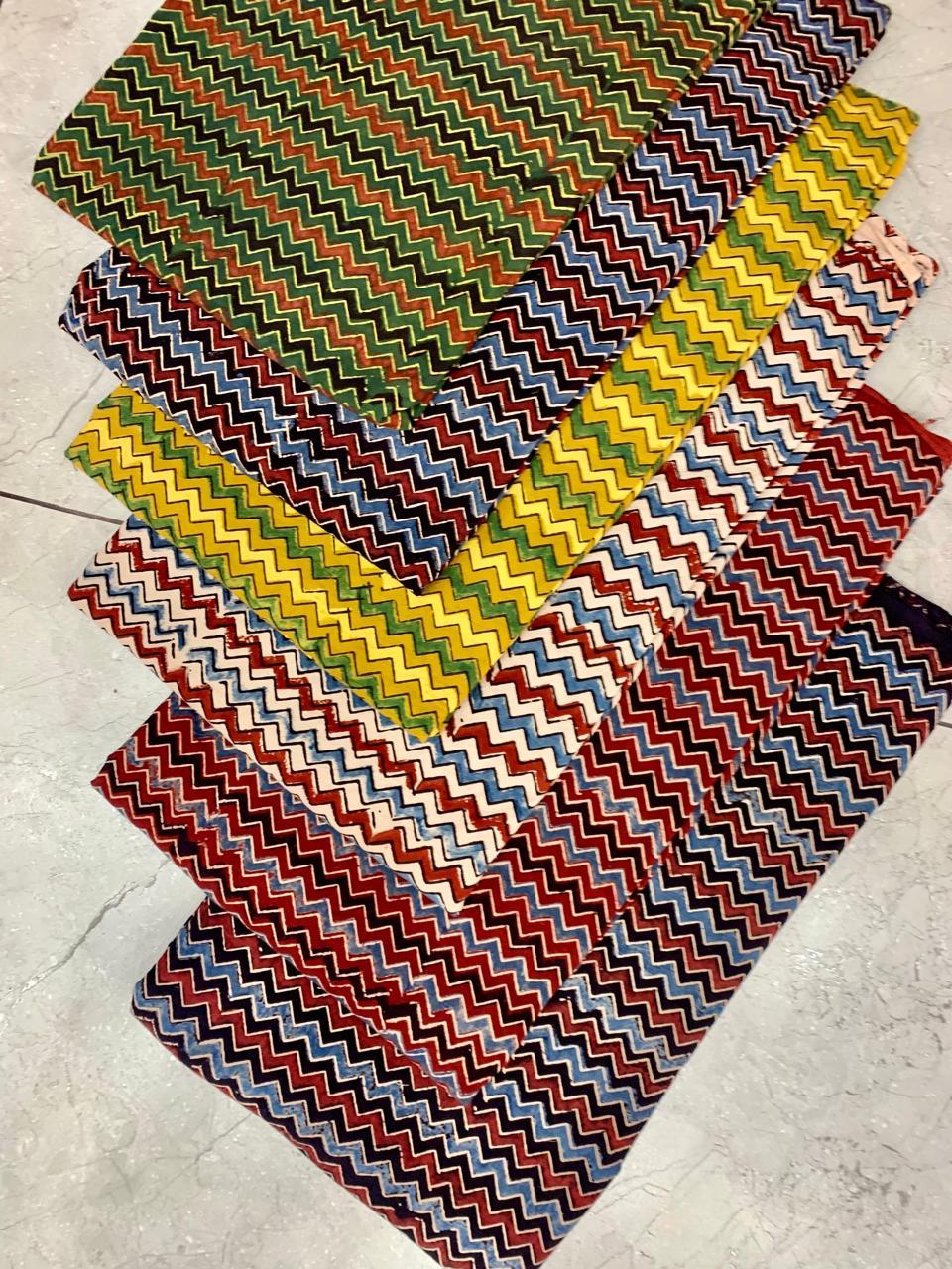 Multi Zig-Zag Ajrakh Handblock Printed Pure Cotton Wholesale Fabric – Handcrafted Natural Dye Textile by Fabtexs