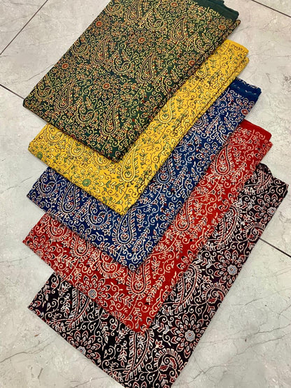Ajrakh pure cotton handblock printed fabric in black base with multicolour traditional prints