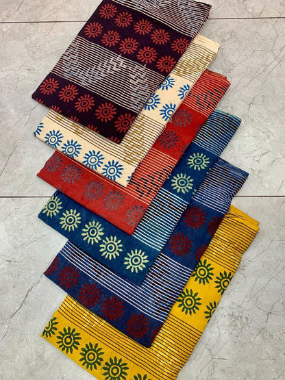 Ajrakh pure cotton handblock printed fabric with multicolour rose-inspired motifs