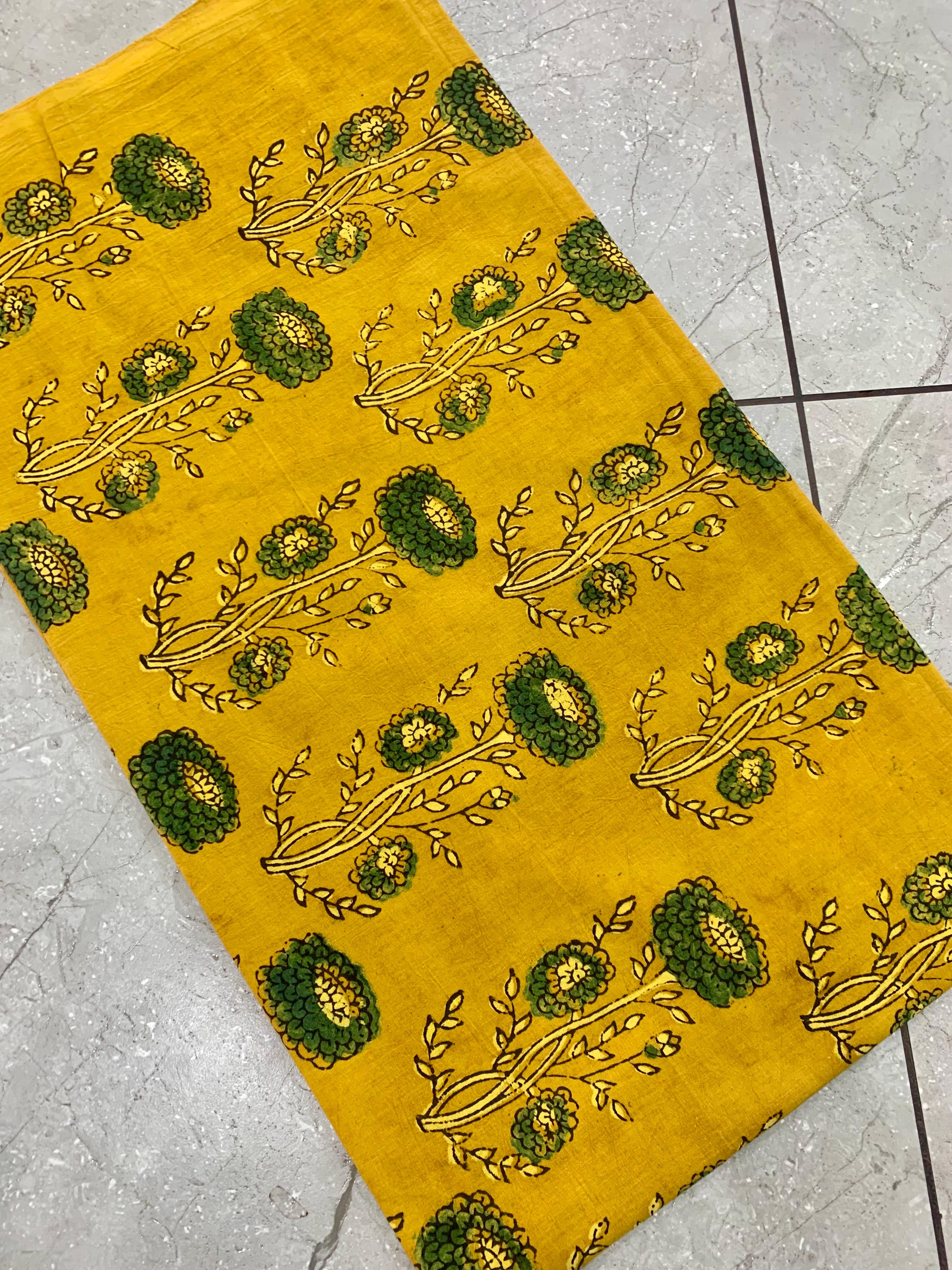 Mustard Ajrakh floral butta pure cotton handblock printed wholesale fabric for boutique buyers by Fabtexs.