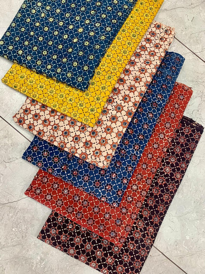Ajrakh pure cotton handblock printed fabric in mustard base with multicolour traditional print