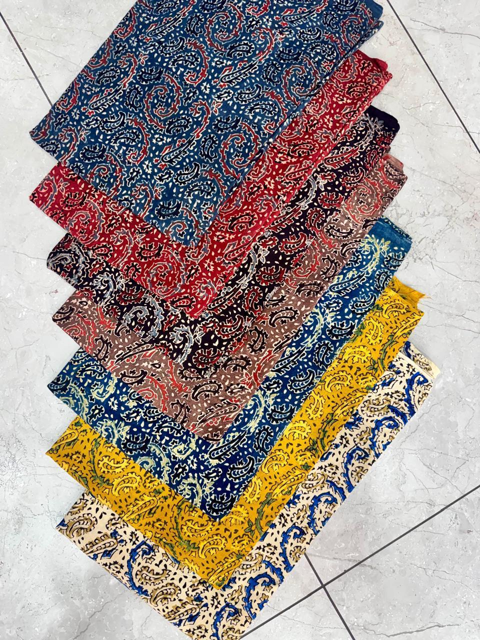 Paisley motif multicolour Ajrakh pure cotton handblock printed fabric wholesale, artisan-made with natural dyes by Fabtexs