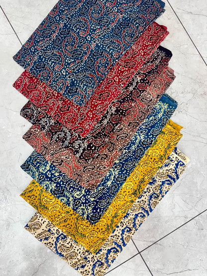 Paisley motif multicolour Ajrakh pure cotton handblock printed fabric wholesale, artisan-made with natural dyes by Fabtexs