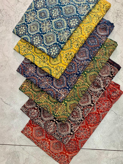 Ajrakh pure cotton handblock printed fabric in rust shade with multicolour artisan pattern