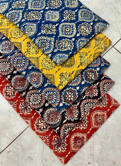 Ajrakh pure cotton handblock printed fabric in rust shade with multicolour artisan pattern