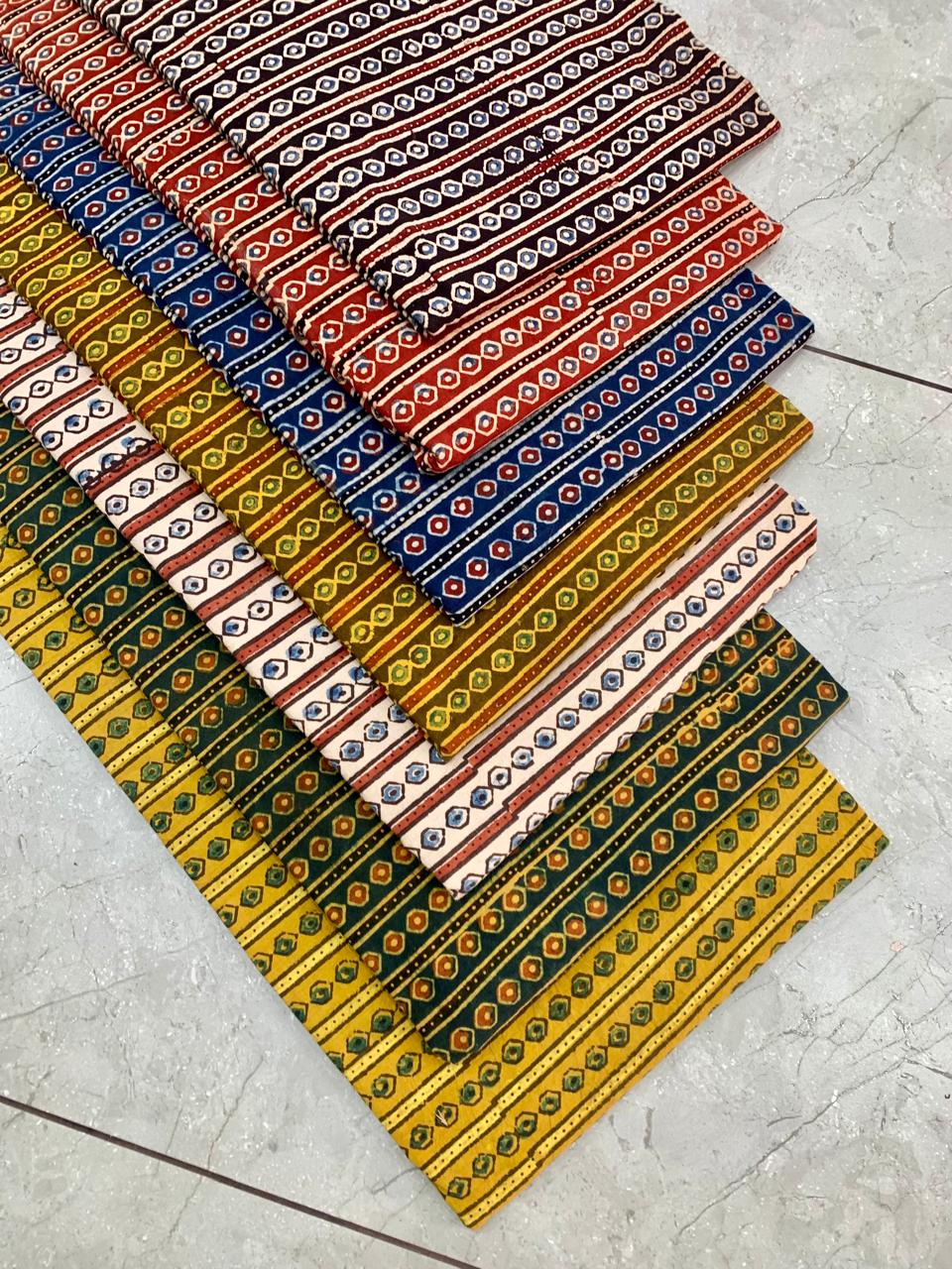 Ajrakh pure cotton handblock printed fabric with traditional striped pattern in natural colours