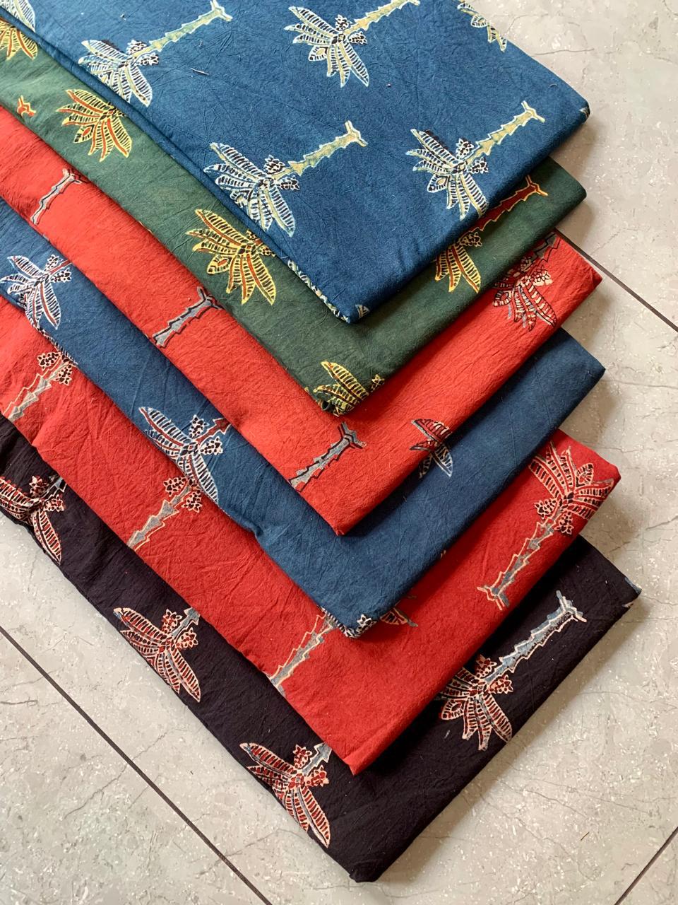 Ajrakh pure cotton handblock printed fabric with tree-inspired motif in artisan pattern