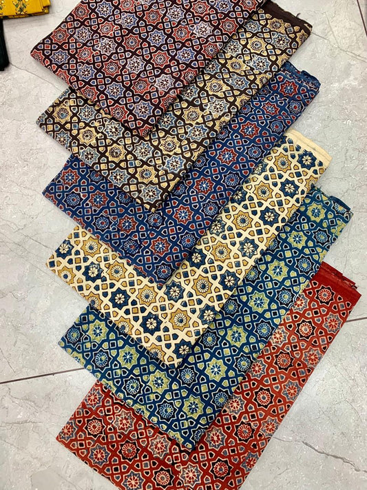 Ajrakh pure cotton handblock printed fabric in vibrant colours with traditional artisan motifs