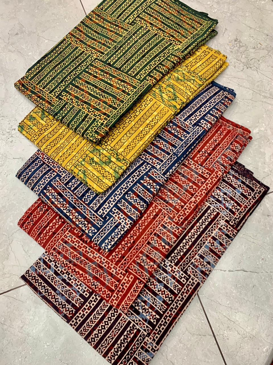 Ajrakh pure cotton handblock printed fabric in yellow tones with multicolour geometrical designs