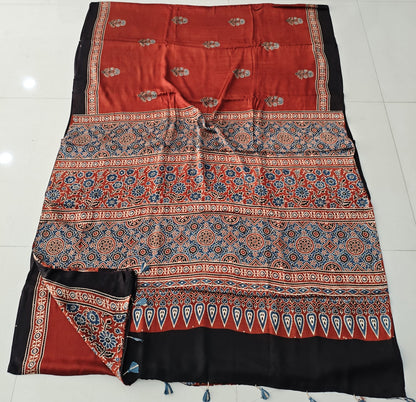 Indigo Ajrakh Print Handblock Printed Modal Silk Saree – Traditional Natural Dye Craft from Gujarat