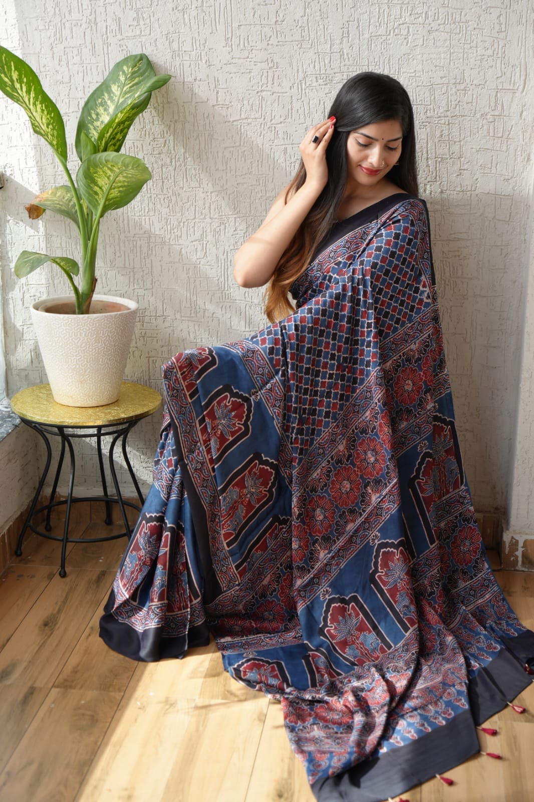Indigo Desi Print Ajrakh Handblock Printed Modal Silk Saree – Authentic Rajasthan Gujarat Craftsmanship