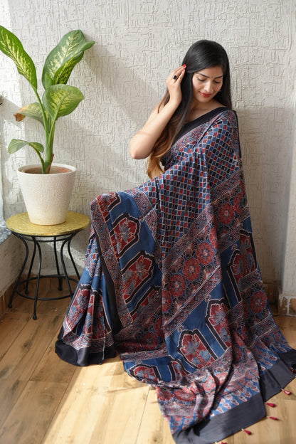 Indigo Desi Print Ajrakh Handblock Printed Modal Silk Saree – Authentic Rajasthan Gujarat Craftsmanship