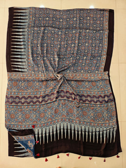 Maroon Chex Pattern Ajrakh Handblock Printed Modal Silk Saree – Traditional Wholesale Saree from Kutch
