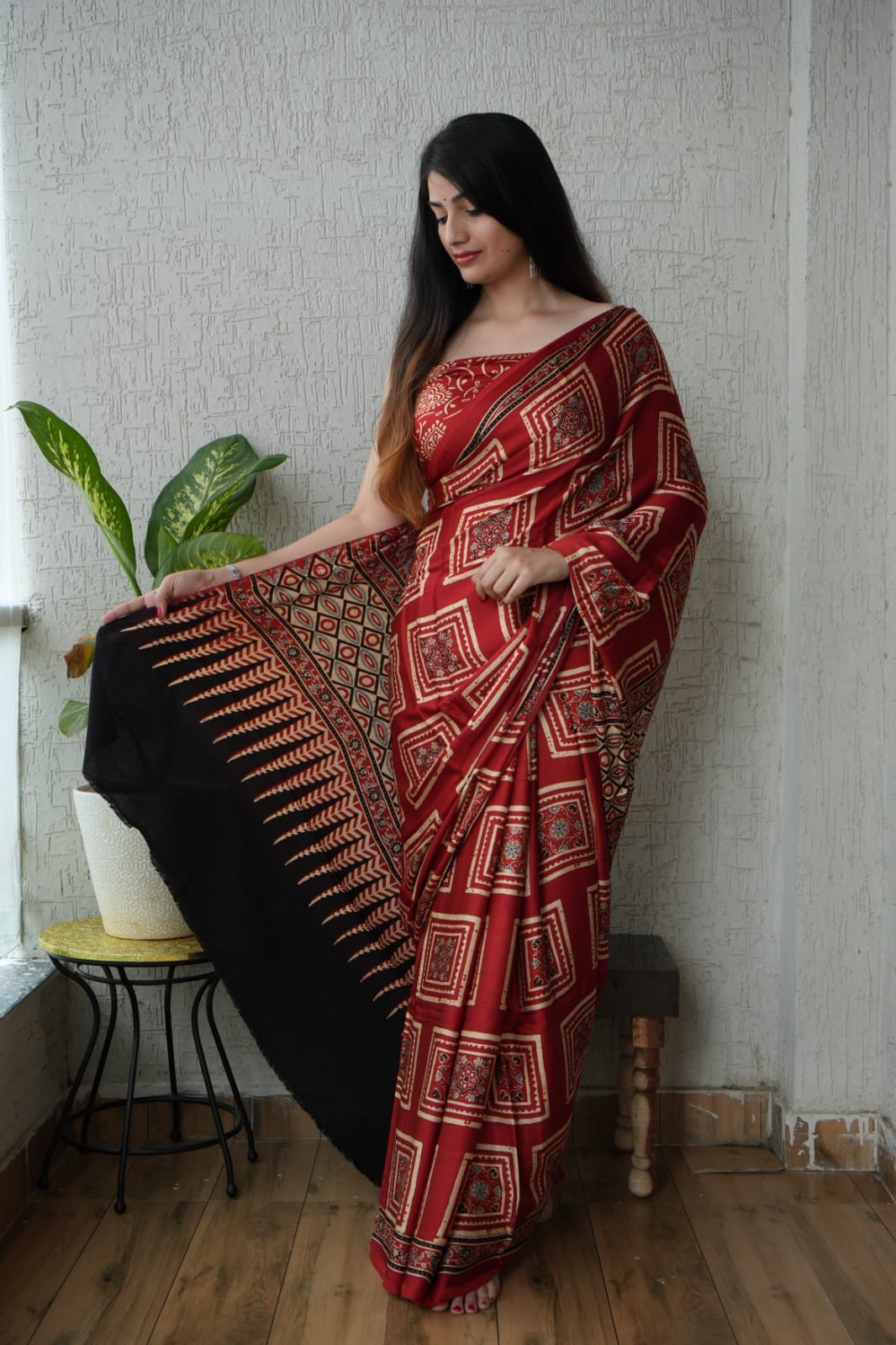 Maroon Chex Pattern Ajrakh Handblock Printed Modal Silk Saree – Traditional Wholesale Saree from Kutch