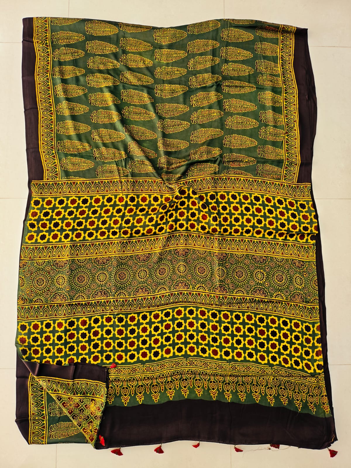 Maroon Ajrakh Handblock Printed Saree with Floral Boota Motif – Modal Silk Natural Dye Textile