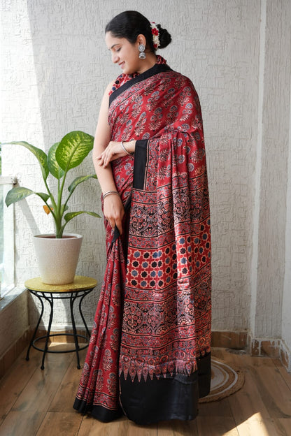 Maroon Ajrakh Handblock Printed Saree with Floral Boota Motif – Modal Silk Natural Dye Textile