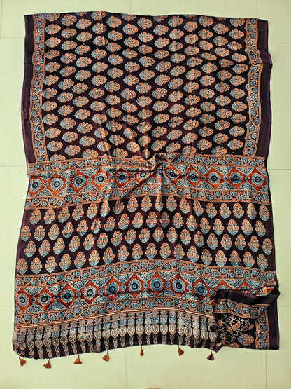 Maroon Spider Jaal Butta Ajrakh Handblock Printed Modal Silk Saree – Natural Dye Traditional Craft