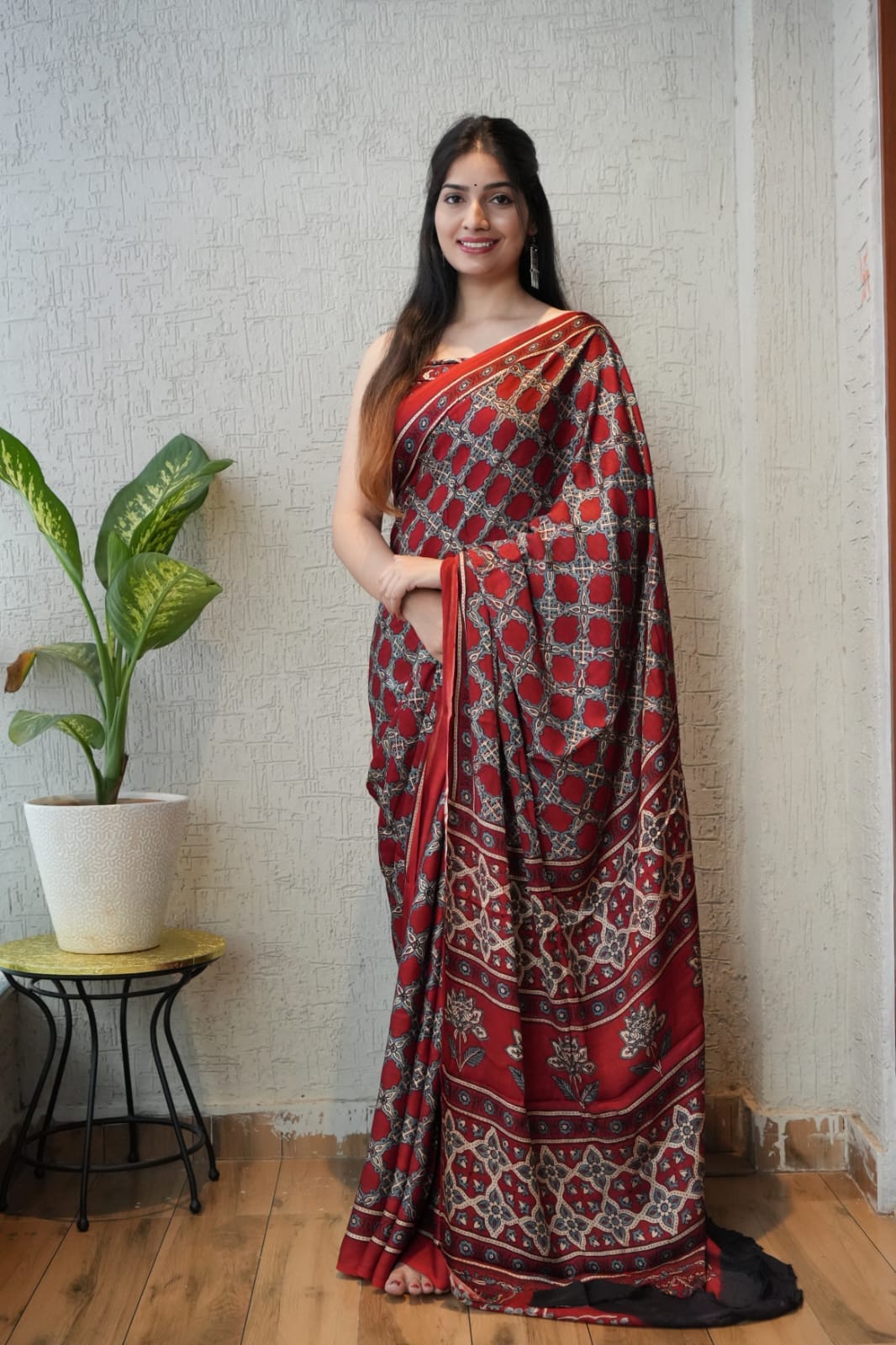 Maroon Spider Jaal Butta Ajrakh Handblock Printed Modal Silk Saree – Natural Dye Traditional Craft