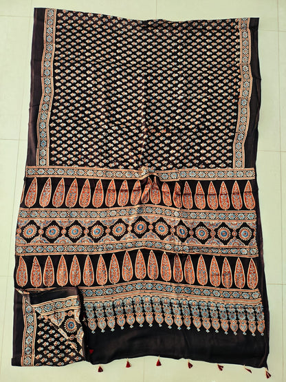 Maroon Ajrakh Handblock Printed Modal Silk Saree with Spider Print Design – Kutch Wholesale Textile