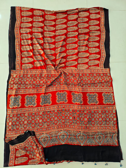 Mustard Ajrakh Handblock Printed Modal Silk Saree with All-Over Jaal Design – Natural Dye Traditional Textile
