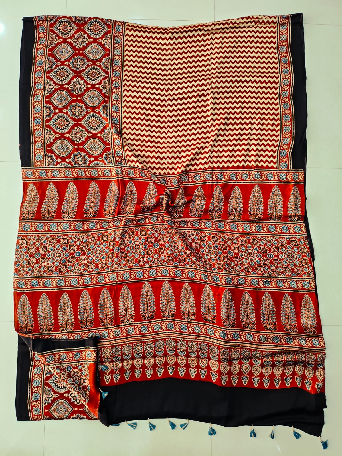 Red and Black Striped Ajrakh Handblock Printed Saree – Modal Silk Kutch Artisan Craft Wholesale
