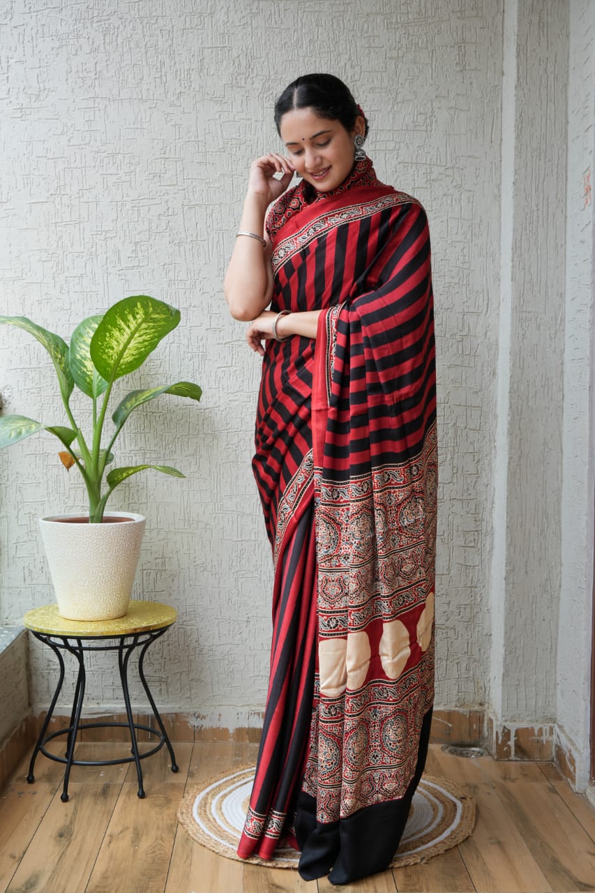Red and Black Striped Ajrakh Handblock Printed Saree – Modal Silk Kutch Artisan Craft Wholesale