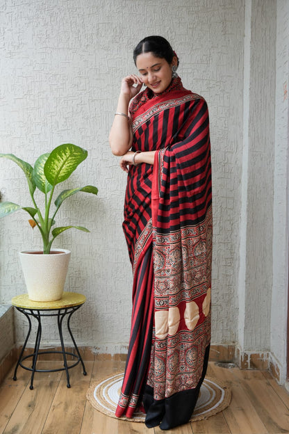 Red and Black Striped Ajrakh Handblock Printed Saree – Modal Silk Kutch Artisan Craft Wholesale
