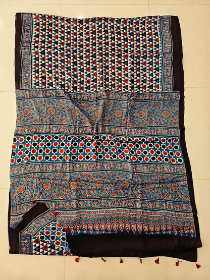 Red Chex Ajrakh Handblock Printed Saree in Modal Silk – Traditional Design Natural Dye Wholesale