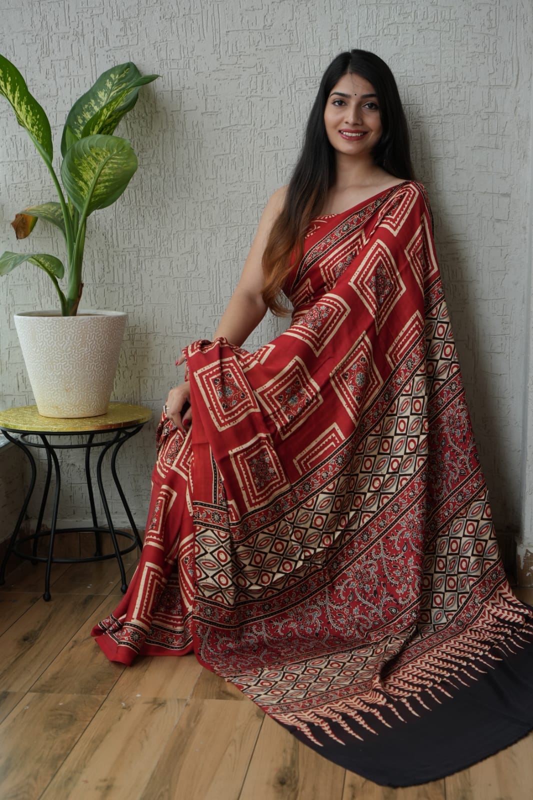 Red Chex Ajrakh Handblock Printed Saree in Modal Silk – Traditional Design Natural Dye Wholesale