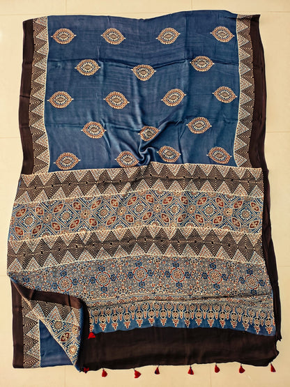 Red Floral Jaal Butta Ajrakh Handblock Printed Saree – Modal Silk Kutch Gujarat Textile Manufacturer