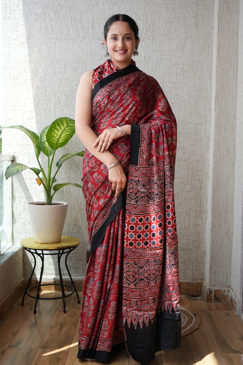 Red Floral Jaal Butta Ajrakh Handblock Printed Saree – Modal Silk Kutch Gujarat Textile Manufacturer