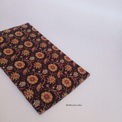 Black floral jaal Bagru handblock printed cotton fabric for bulk fabric supply