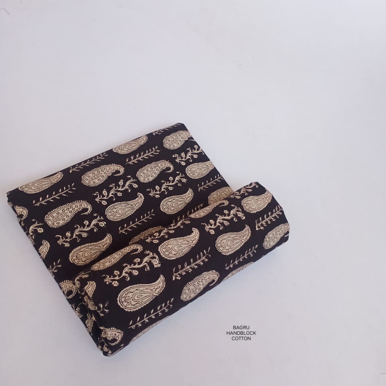 Black paisley leaf Bagru handblock printed cotton fabric artisan made